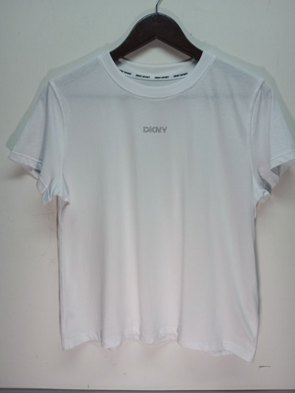 Crisp White DKNY Sport Silver Metallic Logo Short Sleeve 100% Cotton XS